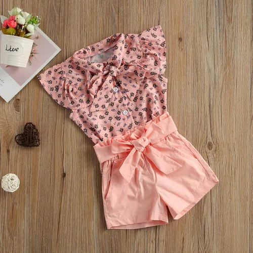 Miniatura 6 de Conjunto de 2 piezas con volantes y cuello halter floral para niños pequeños y niñas