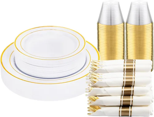 Miniatura 22 de Juego de vajilla de 350 piezas de color oro rosa de DaYammi – Incluye: 50 platos de cena de 26 cm, 50 platos de postre de 19 cm, 50 cubiertos de oro