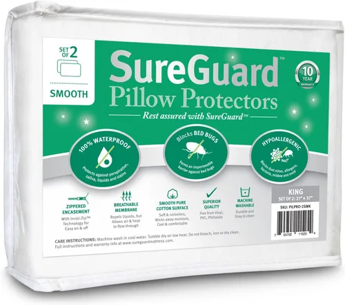 Miniatura 6 de SureGuard juego de 2 protectores de almohada, 100% impermeables, a prueba de insectos, hipoalergénicos, fundas premium de algodón rizado