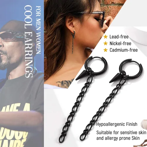 Miniatura 4 de Aretes colgantes de acero inoxidable para hombres y mujeres, chapados en oro de 18 quilates, aretes colgantes con bisagras, aretes de cadena larga