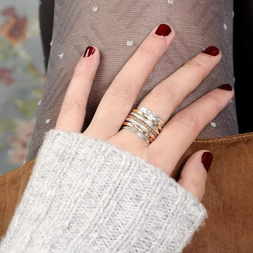 Miniatura 7 de Boho-Magic Anillo giratorio para mujer, plata de ley 925 con bandas de cobre y latón anchas, Metal