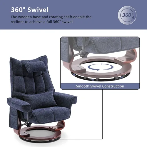 Miniatura 8 de MCombo Sillón reclinable giratorio con otomana, juegos de sillas de TV con masaje por vibración, ideal para espacios pequeños, sala de estar y Azul