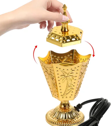 Miniatura 9 de ABOOFAN Quemador eléctrico de incienso de metal, 6.6 pulgadas, estilo de Oriente Medio, estufa de incienso portátil con aroma para yoga, spa
