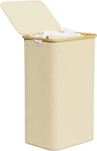 Miniatura 17 de SpaceAid Cesta de lavandería con tapa, 110L de gran capacidad, cesta alta para ropa con asas de bambú, cesta plegable para dormitorio, baño, Negro
