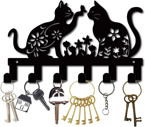 Miniatura 9 de CREATCABIN Soporte de metal para llaves, ganchos negros para colgar en la pared, organizador colgante decorativo con 6 ganchos, patrón de gato
