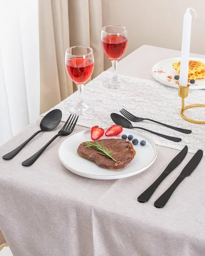 Miniatura 7 de Juego de cubiertos negros mate con cuchillos para carne, juego de cubiertos de acero inoxidable de 36 piezas para 6, moderno juego de cubiertos