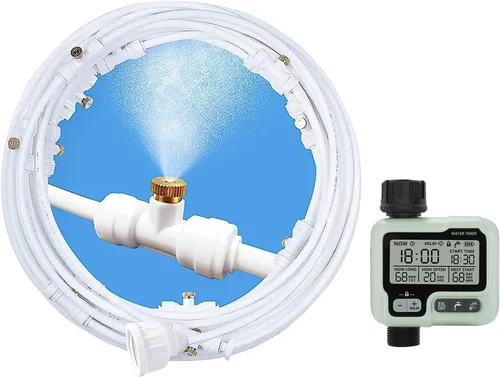 Miniatura 10 de Sistema de enfriamiento de nebulización de agua para exteriores, 50 pies, 49.2 ft, rociadores automáticos para patio exterior, con kit de manguera