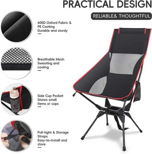 Miniatura 5 de Silla de camping de respaldo alto, silla plegable giratoria con soporte para la cabeza, bolsillo lateral para tazas, rotación flexible de 360°