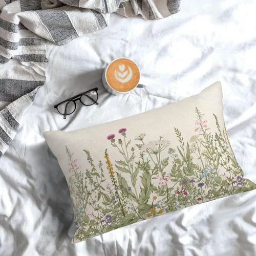 Miniatura 3 de AEIOAE Fundas de Almohada Verde Salvia de 12x20 Pulgadas Juego de 2, Fundas de Cojines Decorativos de Plantas de Flores Silvestres de Primavera