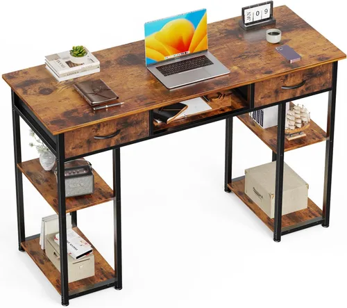 Miniatura 8 de Escritorio para computadora de 47 pulgadas con 2 cajones, escritorio de oficina en casa con estantes de madera, mesa de PC de escritura de estudio