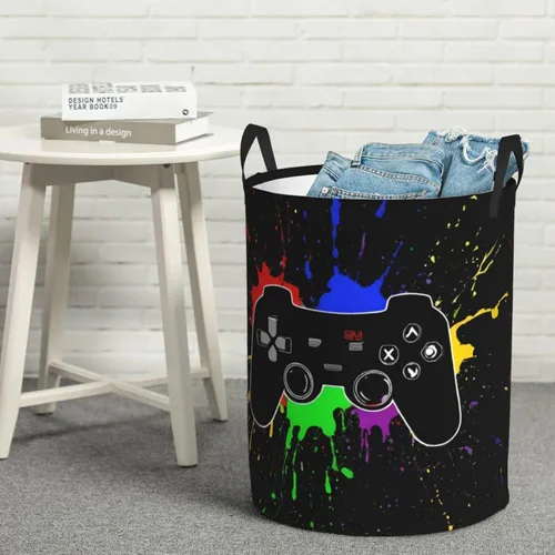 Miniatura 7 de Cesta redonda para ropa sucia con temática de videojuegos, cesta de almacenamiento para juguetes, organizador de ropa, para el hogar, baño, Juego #02