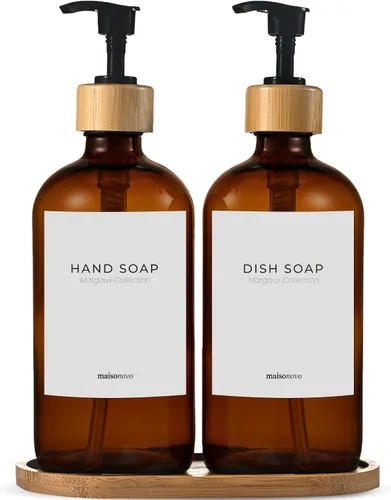MaisoNovo Juego de dispensadores de jabón de vidrio para baño | Juego de dispensadores de jabón de manos y jabón para platos | Botellas ámbar de