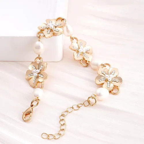 Miniatura 7 de Rosedate Pulsera de perlas para mujer, pulsera de perlas naturales, pulsera ajustable de oro, pulsera de flores doradas, pulsera de cadena delicada