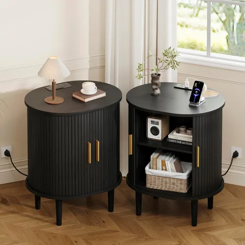 Miniatura 4 de DHH Mesita de noche moderna de mediados de siglo con estación de carga, mesa auxiliar acanalada con puerta corredera y estante ajustable, mesa Negro