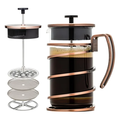 OVENTE Cafetera de prensa francesa de 34 onzas con vidrio de borosilicato resistente al calor, diseño de acero inoxidable y sistema de filtro de 4