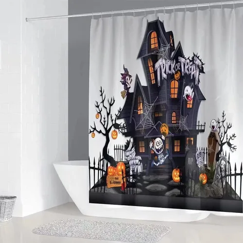 Miniatura 4 de NBVKO Cortina de ducha impermeable de calabaza de Halloween, con alfombras antideslizantes, cubierta para la tapa del inodoro y tapete de baño, set