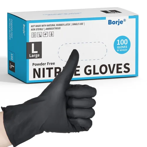 Guantes de nitrilo Borje grandes, 100 guantes desechables, negros, sin látex y sin polvo, para examen médico, aptos para alimentos, limpieza, cocina