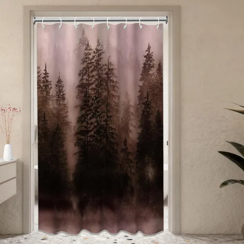 Miniatura 24 de Cortina de ducha estrecha para hombre, diseño de bosque negro y gris, para casa rodante, juego de decoración de baño, tela impermeable con ganchos