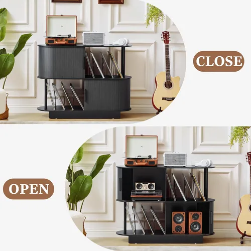 Miniatura 6 de Soporte moderno para tocadiscos con almacenamiento de vinilo, soporte de almacenamiento para tocadiscos negro de 40 pulgadas con puerta corredera