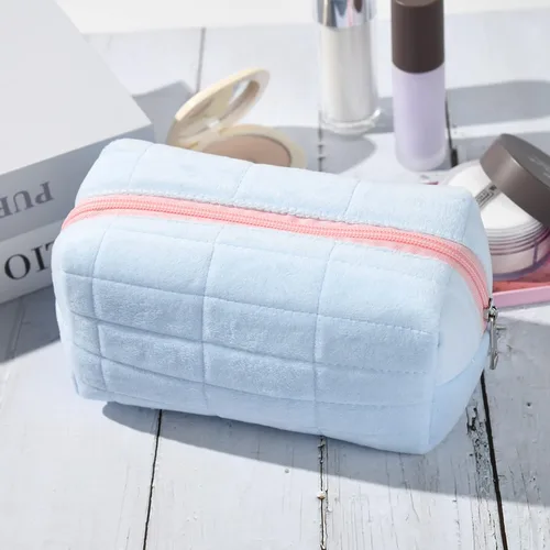 Miniatura 6 de SOIDRAM Bolsa de maquillaje de felpa para cosméticos, bonita bolsa de maquillaje estética, bolsa de maquillaje azul, bolsa de aseo de viaje
