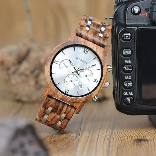 Miniatura 7 de BOBO BIRD Relojes de madera para hombre, correa de metal de madera de lujo, cronógrafo y visualización de fecha, reloj de cuarzo versátil