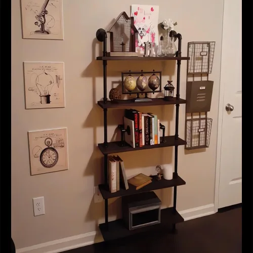 Miniatura 5 de Estantería Industrial de 5 estantes con tubos, estantería moderna y negra, estante de escalera para montaje en pared con marco de metal