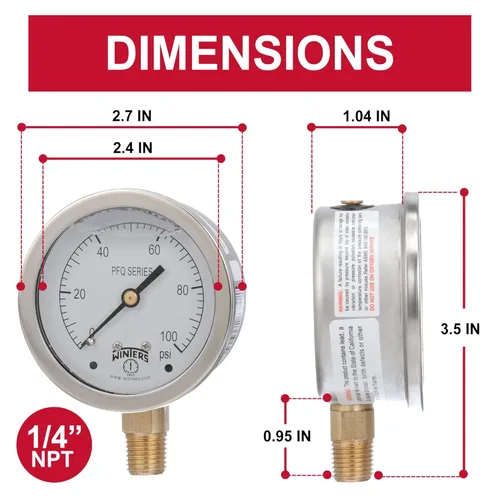 Miniatura 3 de Winters, medidor de presión de acero inoxidable 304 Serie PFQ, con escala única y relleno de líquido, con interior de metal, 0-100 psi, visualizador
