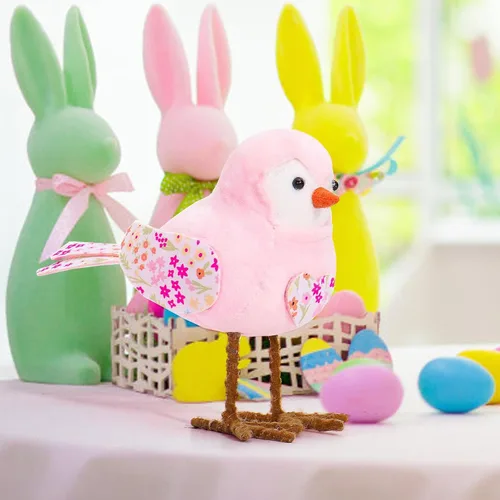 Miniatura 2 de Muñecos de pájaros de felpa de primavera de 6.3 pulgadas, adornos de figura de pájaros de pie con pierna larga, bufanda impresa y lazo, perfecto