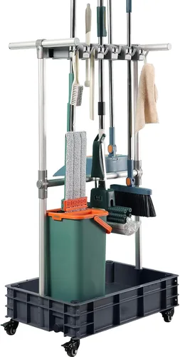 Soporte de escoba para fregona, organizador de suministros de limpieza, carritos de limpieza con ruedas, estación de limpieza, herramientas de