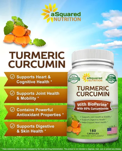 Miniatura 8 de aSquared Nutrition Curcumina de cúrcuma de 1300 mg con extracto de pimienta negra BioPerine - 180 cápsulas - con 95% curcuminoides, suplementos