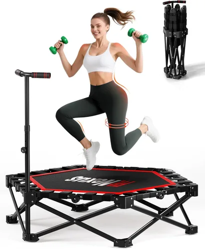 42" Foldable Mini Trampoline- 450lb Capacity Fitness Rebounder w/3-Level Adjustable T-Bar, Adults Workout Trampoline, Non-Slip Pad | Foldable Design