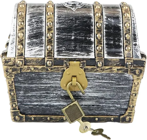 Miniatura 10 de Cofre del tesoro pirata para niños: pequeña caja del tesoro con cerradura y llave, caja de colección vintage de plástico para almacenamiento