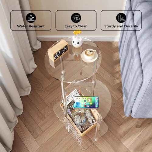 Miniatura 4 de Eglaf - Mesa auxiliar redonda de acrílico, mesa auxiliar de 3 niveles, mesita de noche Clear Nightstand Small Accent Entryway Table, for Living