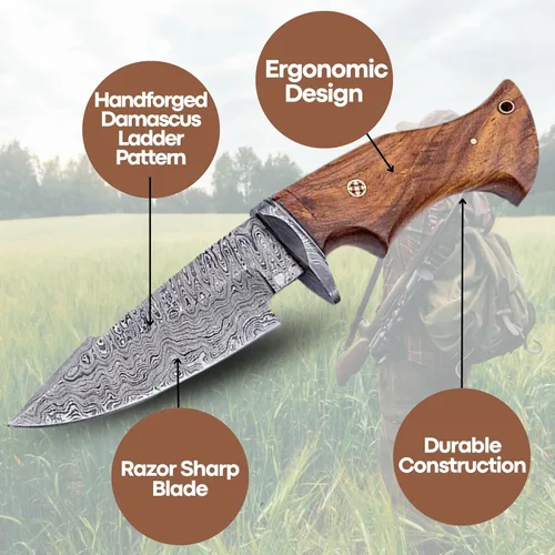 Miniatura 2 de Tbp Cuchillo de caza de damasco forjado para pesca, desollar al aire libre, campamento Edc hecho a mano, cuchillo Bowie de supervivencia de acero