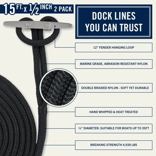 Miniatura 2 de RainierSupplyCo - Paquete de 2 cuerdas de barco para acoplamiento con bucle, cuerda marina de nailon doble trenzada de alta calidad de 15 pies x 1/2