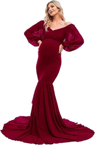 Miniatura 4 de ZIUMUDY Vestido de sirena ajustado de maternidad para sesión de fotos, manga larga, falda de gasa escalonada, vestido de accesorios para fotos