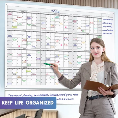 Miniatura 7 de Calendario de pared de pizarra blanca anual de borrado en seco, 46 x 63 pulgadas, enorme pizarra blanca borrable laminada de 12 meses, planificador