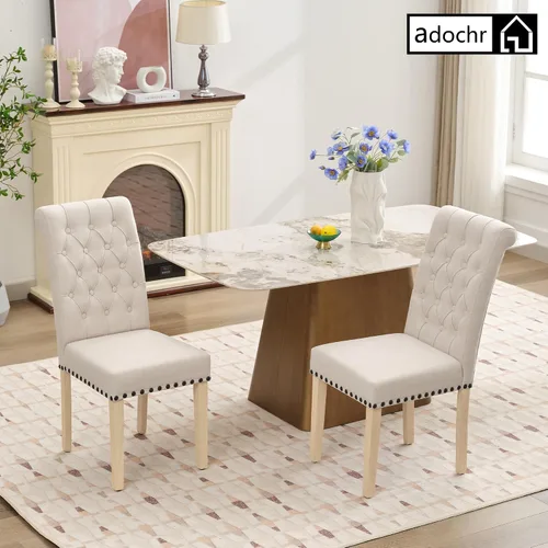 Miniatura 2 de adochr Juego de 2 sillas de comedor de tela de lino, silla de comedor tapizada con patas de madera, sillas Parsons sin brazos para Beige
