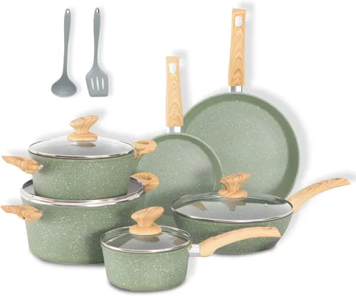 DishDelight Juego de ollas y sartenes de inducción antiadherentes, 12 piezas antiadherentes de granito de inducción, utensilios de cocina de Verde