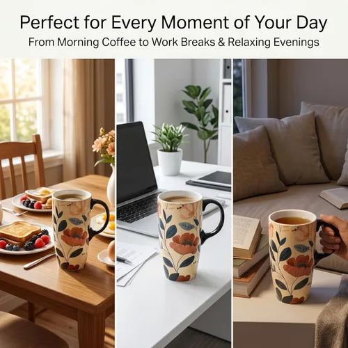 Miniatura 3 de Taza de café de viaje de cerámica con tapa para el hogar y la oficina, taza de té alta de porcelana de 17 onzas con mango de arte floral en caja