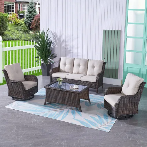 Miniatura 77 de HUMMUH Sillas Mecedoras Giratorias de Mimbre para Patio Exterior con Respaldo Alto, Sillas Deslizantes de Ratán PE, Juego de Muebles de Patio de 4