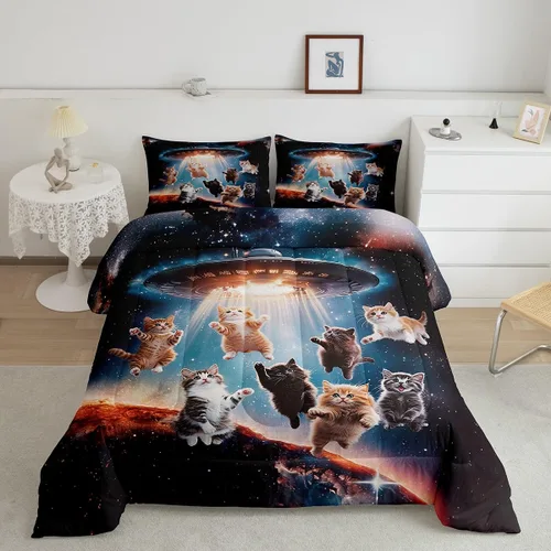Miniatura 14 de Feelyou Juego de edredón para niños, diseño de gatos de dibujos animados, tamaño twin, lindo juego de ropa de cama de gatitos para adolescentes