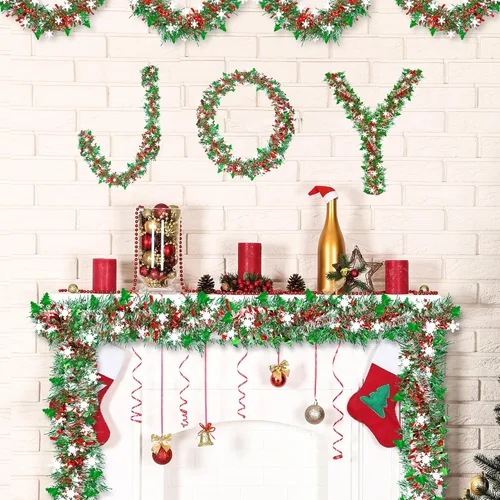 Miniatura 4 de 50 pies de decoraciones de Navidad con guirnalda de oropel con copo de nieve, árbol de Navidad rojo verde plateado brillante metálico girado