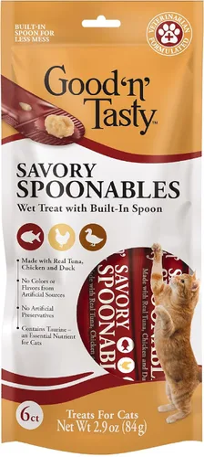Miniatura 19 de Good 'n' Tasty Cucharas sabrosas con pato real, carne de res y conejo, tubo de 6 unidades, golosinas húmedas exprimibles de triple sabor para gatos