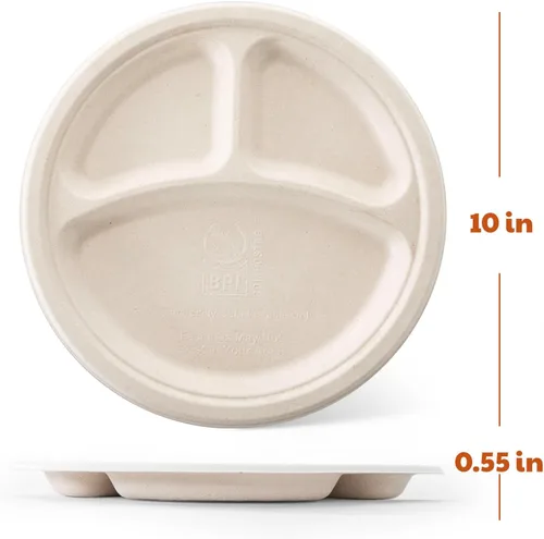 Miniatura 5 de Platos de papel compostables de 3 compartimentos, 125 unidades, 10 pulgadas, bandejas divididas desechables resistentes para el almuerzo, platos