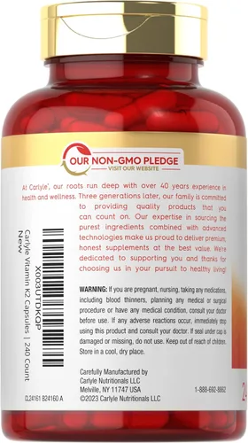 Miniatura 3 de Suplemento de vitamina K2 Carlyle 100 mcg K2 MK-4 240 cápsulas Sin OGM y sin gluten