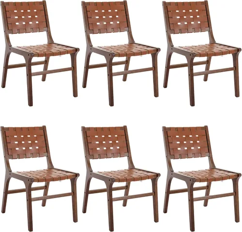 Miniatura 9 de Woven Leather Dining Chairs Set of 4, Mid Century Modern Solid Wood Dining Room Chairs with Handwoven Leather Strap Seat, Armless Kitchen Side