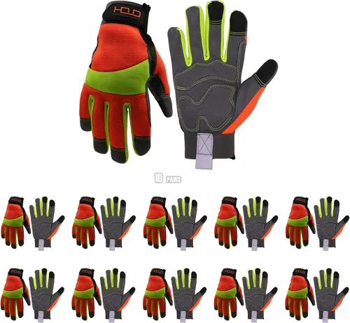 HANDLANDY Guantes de trabajo reflectantes de alta visibilidad a granel, paquete de 10 pares de guantes de trabajo de seguridad antivibración para