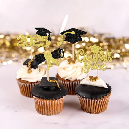 Miniatura 4 de 24 piezas 2025 decoraciones para cupcakes de graduación 2025 con purpurina contratos graduados diploma de graduación clase de 2025, selecciones