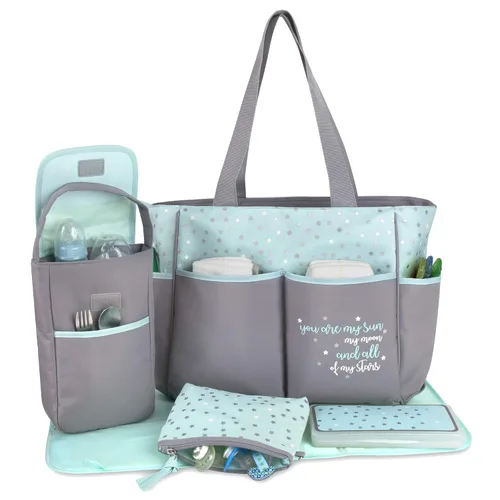 Miniatura 3 de Baby Essentials Juego de 5 bolsas para pañales con sol, luna y estrellas, bolsillo para toallitas, bolsa para pañales sucios, cambiador Gris/ agua
